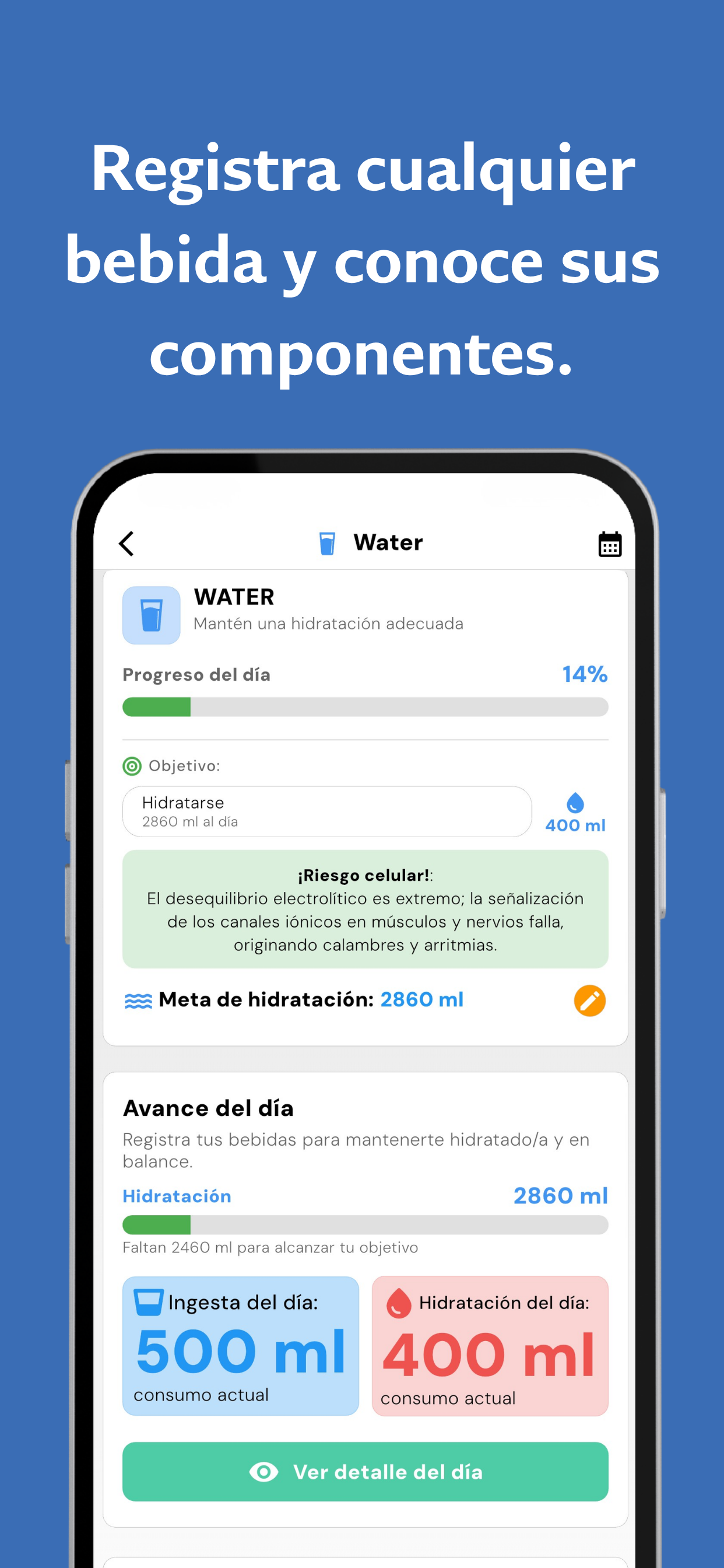 Water screen in Healthfoodness App