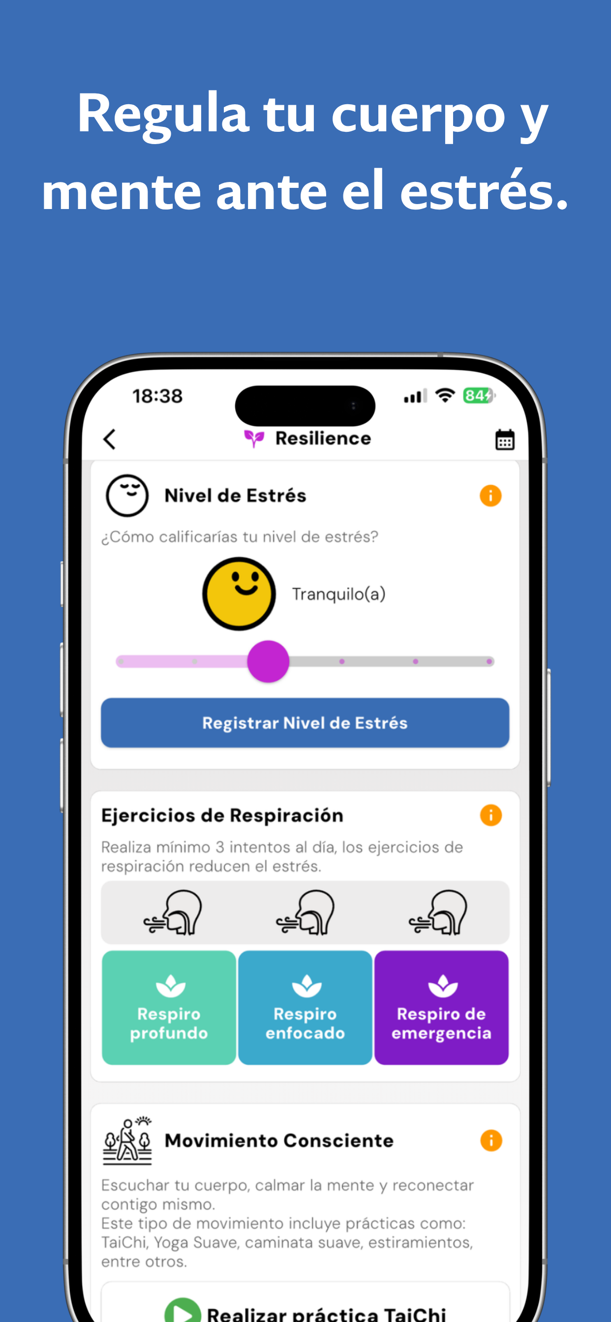 Resilience screen in Healthfoodness App